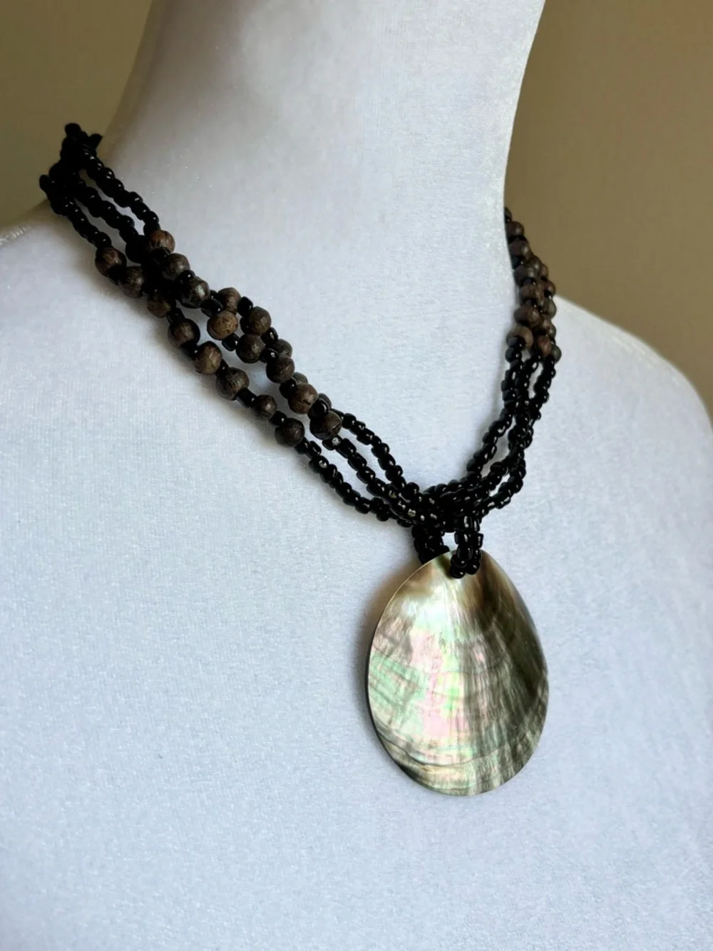 Abalone Pendant Statement Necklace Multi Strand Beaded Boho Style